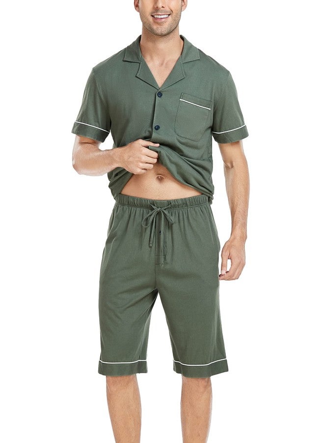 COLORFULLEAF Men's 100% Cotton Short Sleeve Pajama Sets Button Down Notched Collar Sleepwear Soft Lounge Pjs with Pockets (Army Green, M) - Image 3